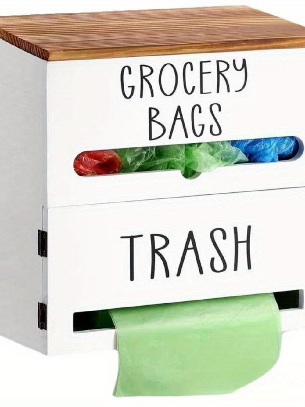 Farmhouse Wooden Grocery Bag Holder, Dual Compartment Wall Mount Storage Organiz